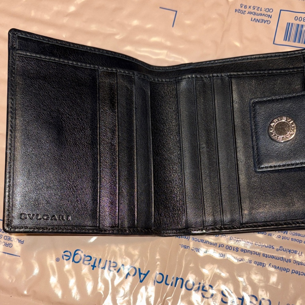 Bulgari Black Leather Bi-Fold Card & Coin Wallet